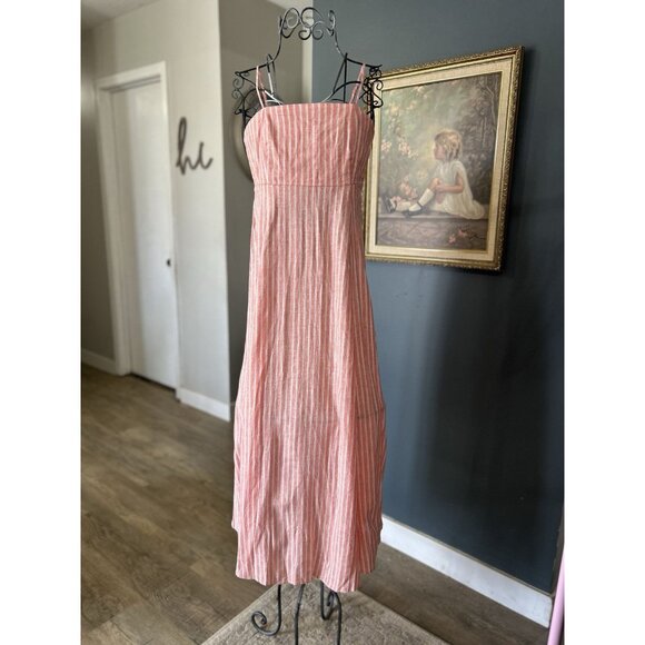 GAP Linen Blend Empire Waist Maxi Orange Coral Stripe Dress Size 0 Petite - Picture 1 of 8